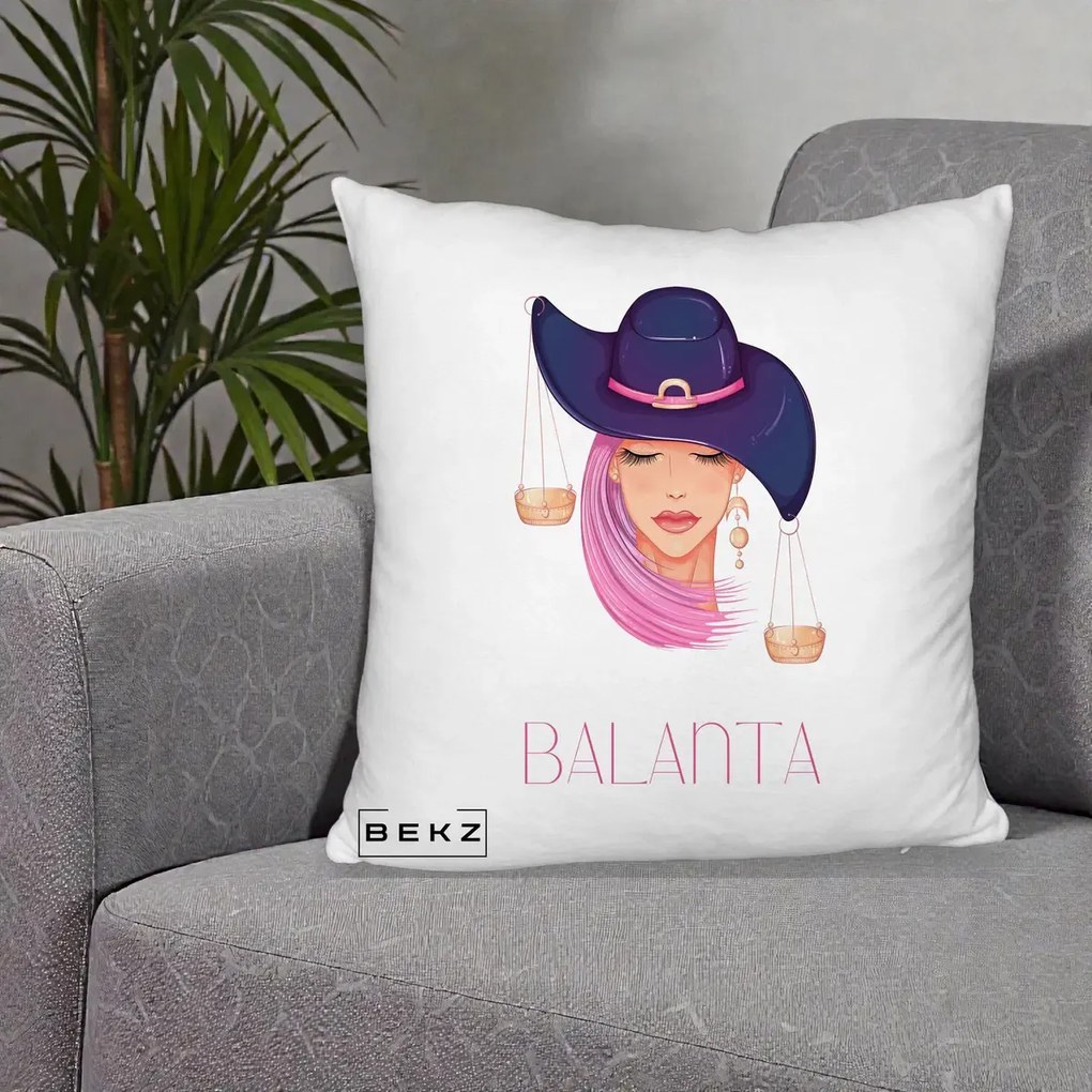 Perna Personalizata Zodiac Balanta Cowgirl, 40x40 cm, Alb Pufos, Husa Detasabila, Perna Inclusa, BEKZ®
