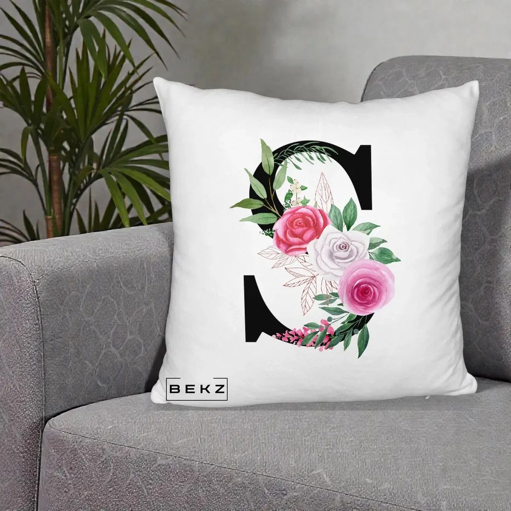 Cadou Personalizat - Perna Personalizata Monograma Florala Litera S, 40x40 cm, Alb Pufos, Husa Detasabila, Perna Inclusa, BEKZ®