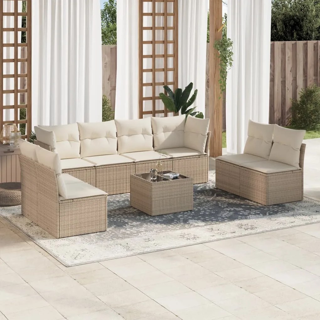 vidaXL Set canapele de grădină, 9 piese, cu perne, bej, poliratan