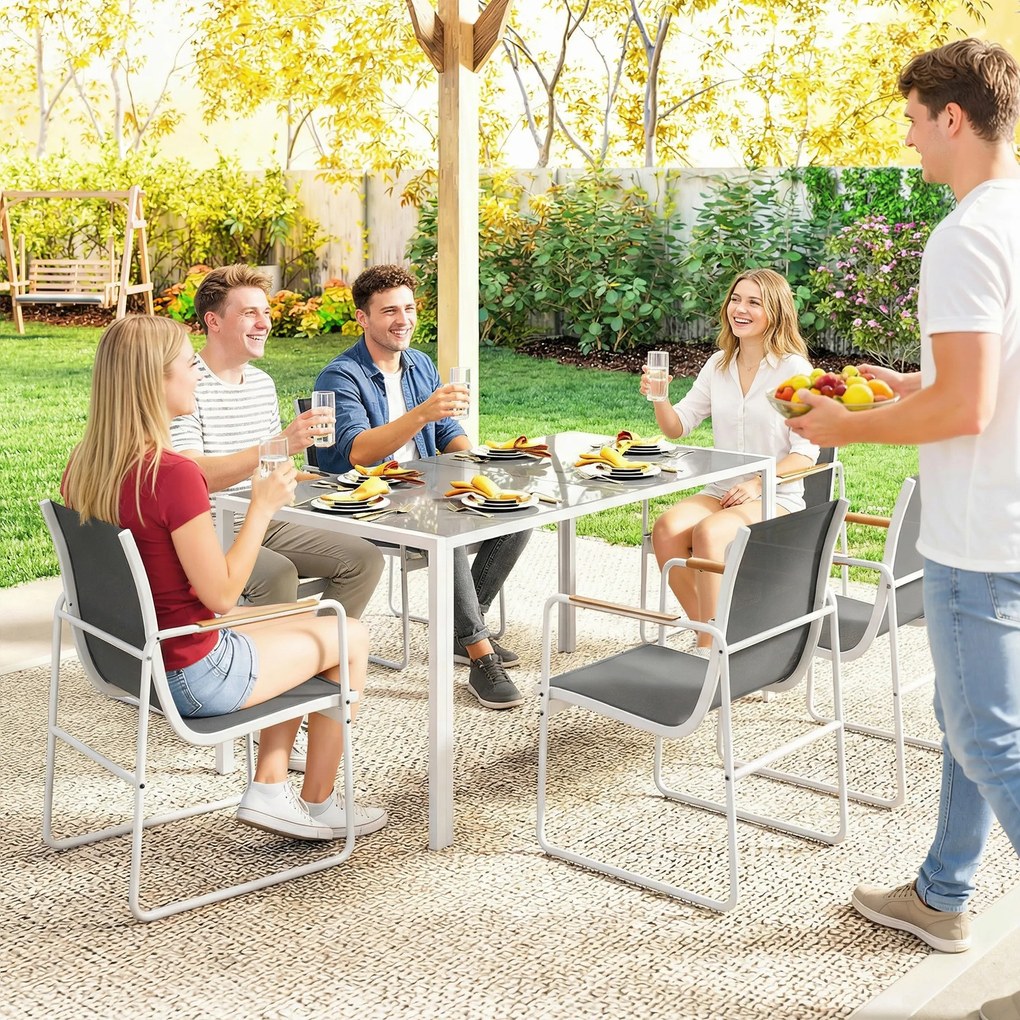 Outsunny Set masă și scaune pentru grădină cu masă din sticlă securizată și 6 scaune respirabile pentru terasă/patio Alb și Gri | Aosom Romania