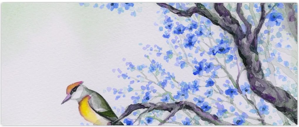 Tablou - Pasăre pe un copac cu flori albastre (120x50 cm)