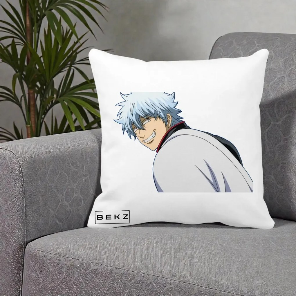 Perna Personalizata Gintama Gintoki Portret cu Zambet, 40x40 cm, Alba Mata, Husa Detasabila, Perna Inclusa, BEKZ®