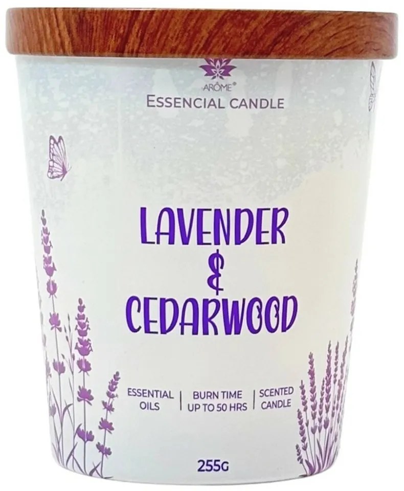 Lumânare Arome în sticlă cu capac metalic 255gLavender& Cedarwood