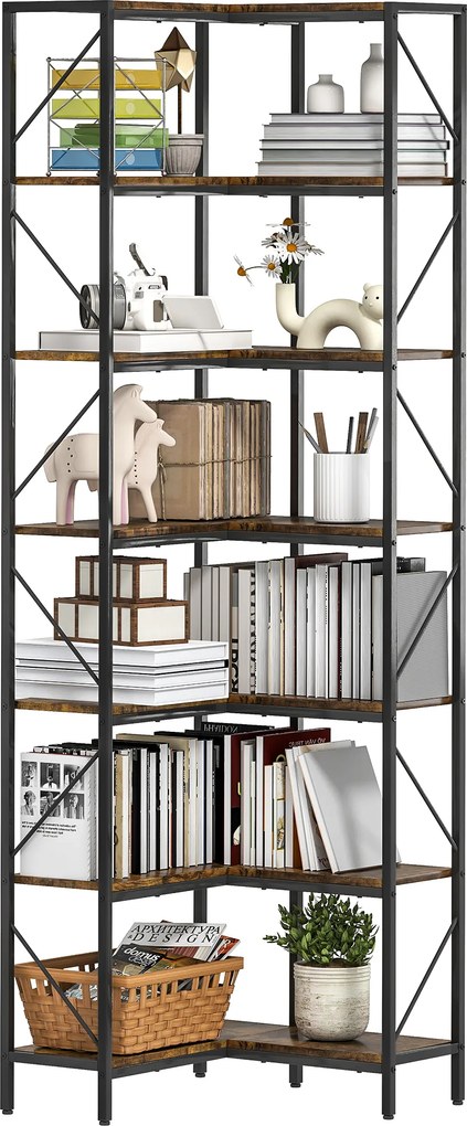 HOMCOM Bibliotecă de colț industrială cu 7 niveluri din pal melaminat și oțel, maro | Aosom Romania