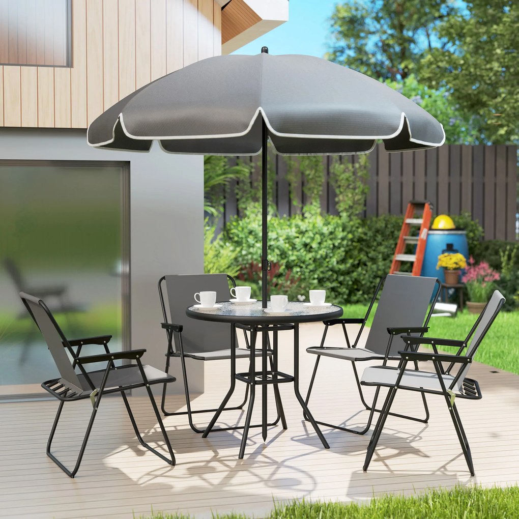 Outsunny Set de Mobilier de Grădină din 6 Piese cu Umbrelă de Soare, Masă și Scaune Pliante, Ф80x70 cm, Gri | Aosom Romania