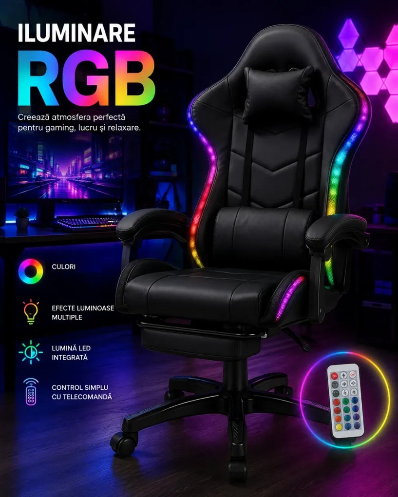 SONICSTRIKE RGB PU– Scaun Gaming cu Masaj în 7 Puncte, Boxe Bluetooth Integrate, Sistem iluminare banda LED RGB, Suport Extensibil pentru Picioare, Piele PU, Negru