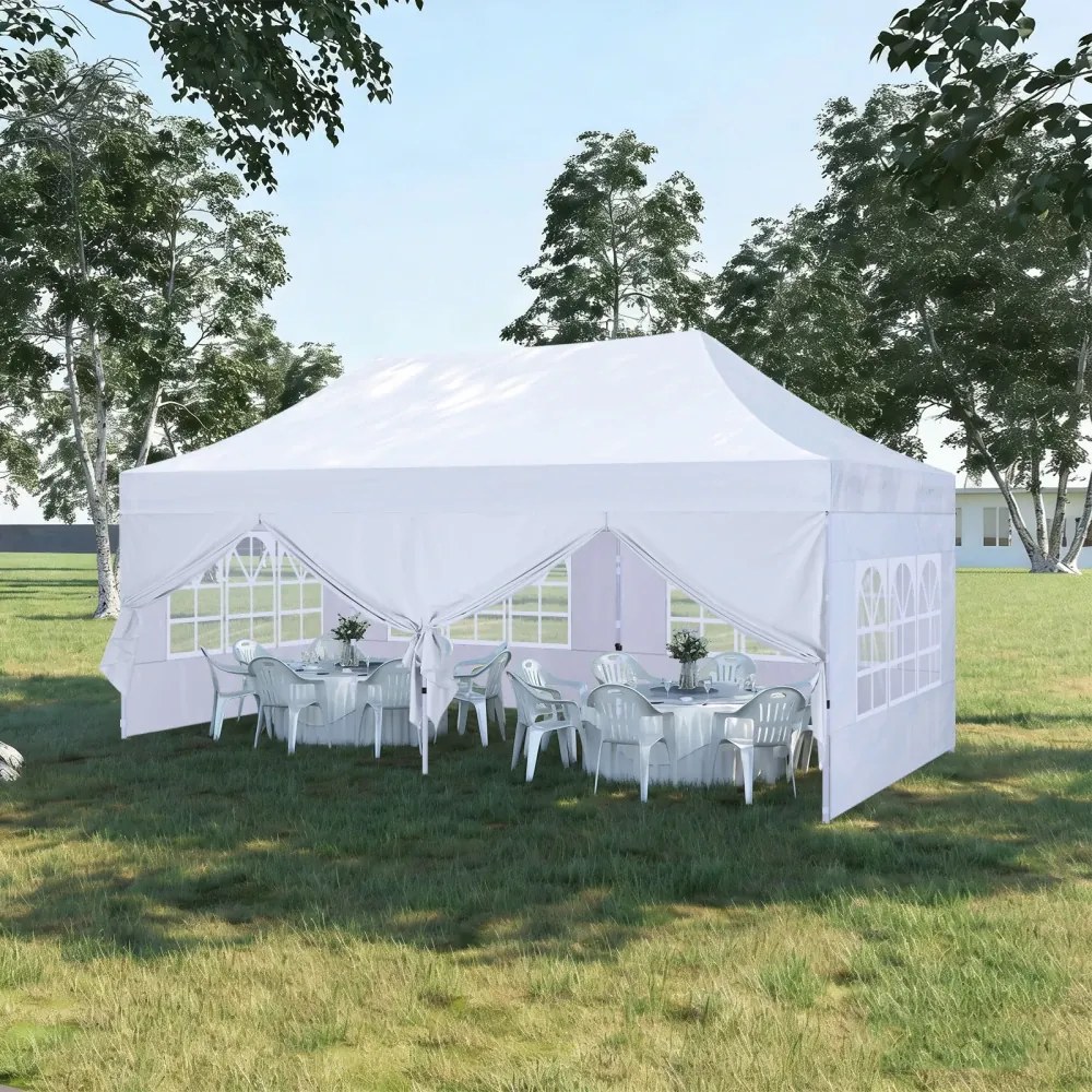 ABCCANOPY – Cort pavilion pliabil 6x3 m, înălțime reglabilă 3 trepte, pereți cu ferestre transparente, impermeabil, Alb,