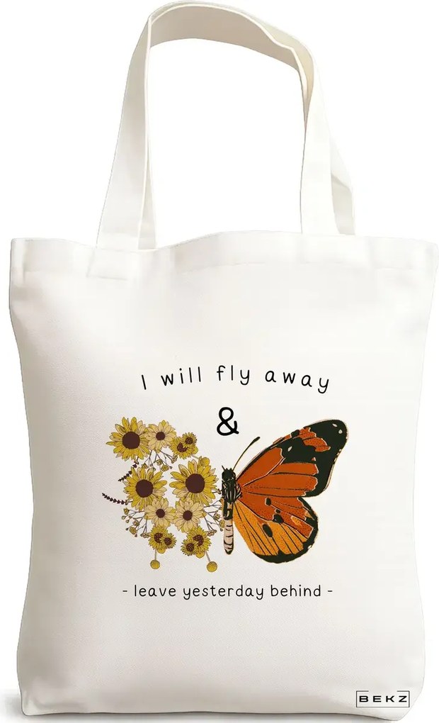 Sacosa de Panza pentru Cumparaturi, Geanta Tote, model Flight to Freedom, 38x34.5 cm, Alba, BEKZ®