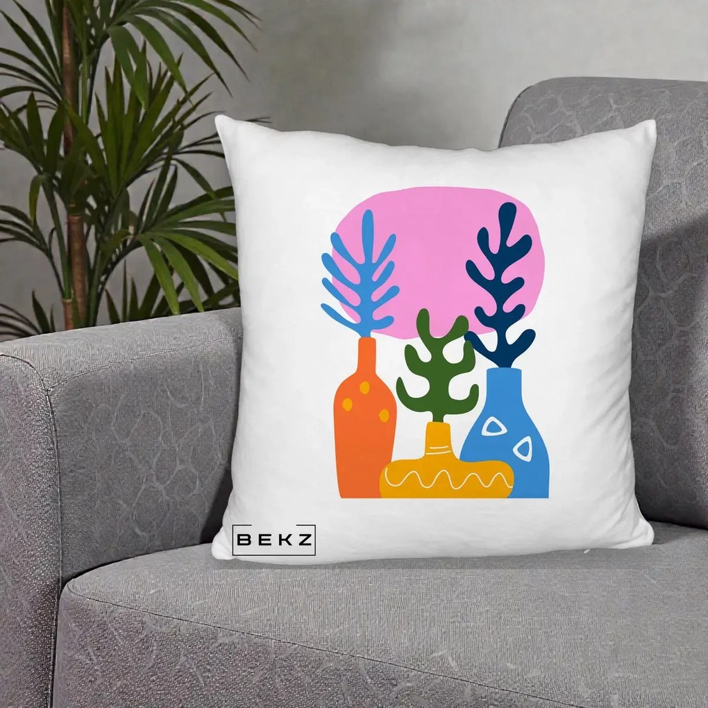 Perna Decorativa Vaze Botanice Abstract, 40x40 cm, Alb Pufos, Husa Detasabila, Perna Inclusa, BEKZ®