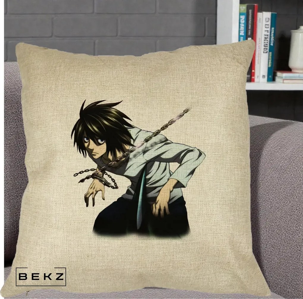 Perna Personalizata Death Note L Lawliet Lanturi, 40x40 cm, Crem, Husa Detasabila, Perna Inclusa, BEKZ®