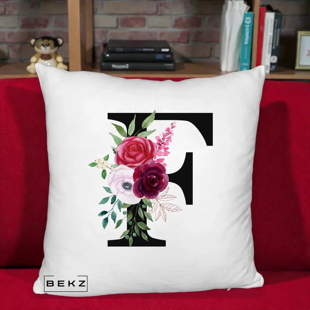 Cadou Personalizat - Perna Personalizata Monograma Florala Litera F, 40x40 cm, Alb Pufos, Husa Detasabila, Perna Inclusa, BEKZ®