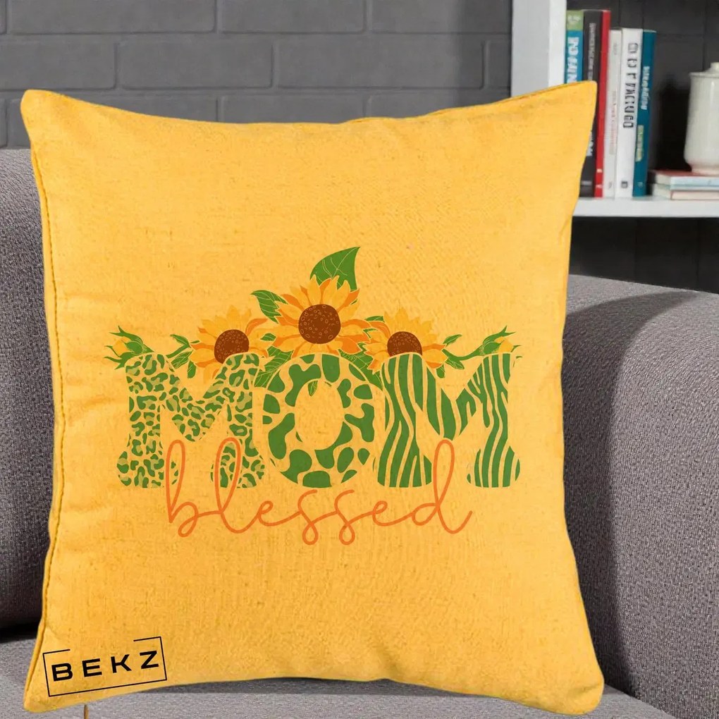Cadou pentru Mama - Perna Personalizata Mom Blessed cu Floarea Soarelui Animal Print Teal, 40x40 cm, Galben, Husa Detasabila, Perna Inclusa, BEKZ®