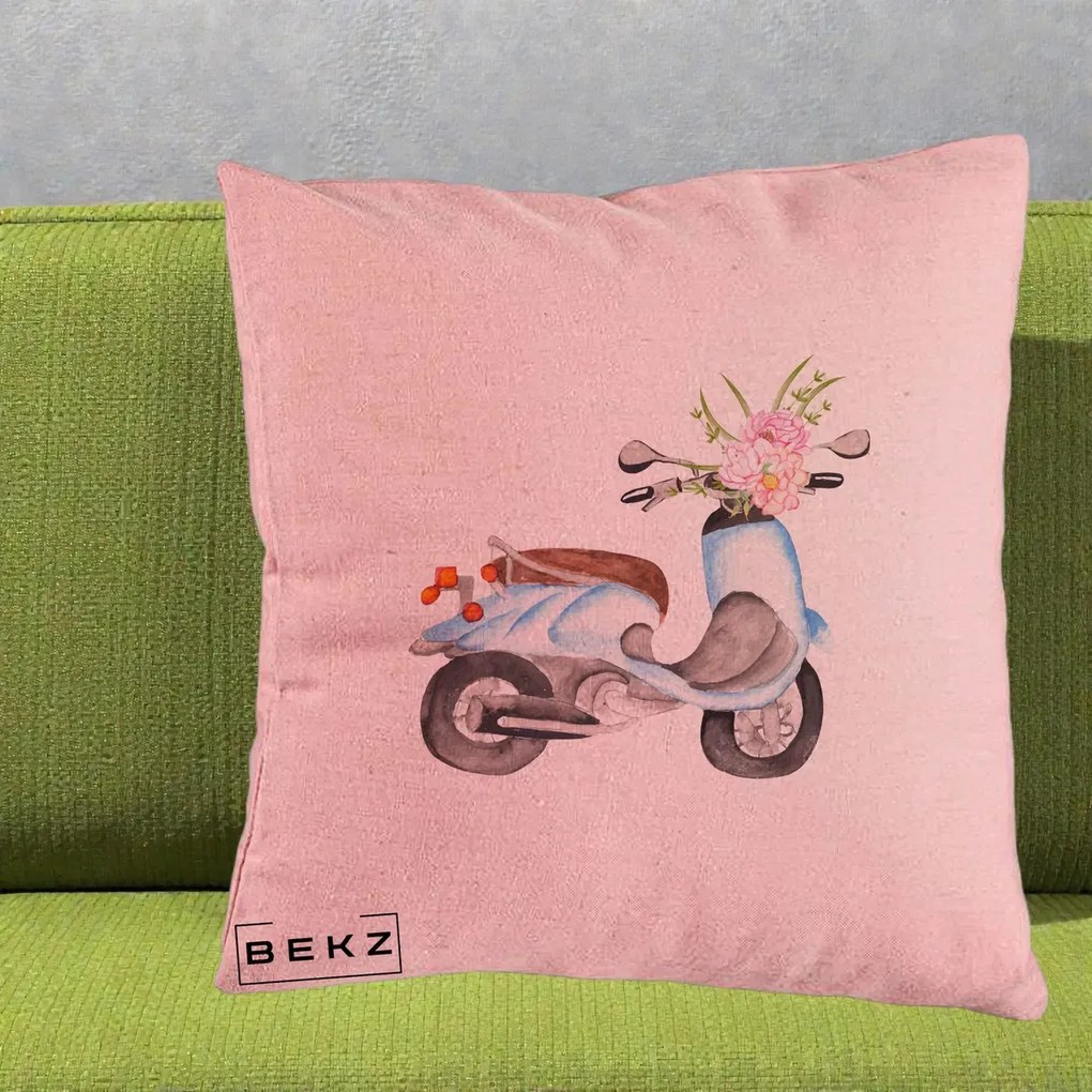 Perna Decorativa Scuter Albastru cu Flori Acuarela, 40x40 cm, Roz, Husa Detasabila, Perna Inclusa, BEKZ®