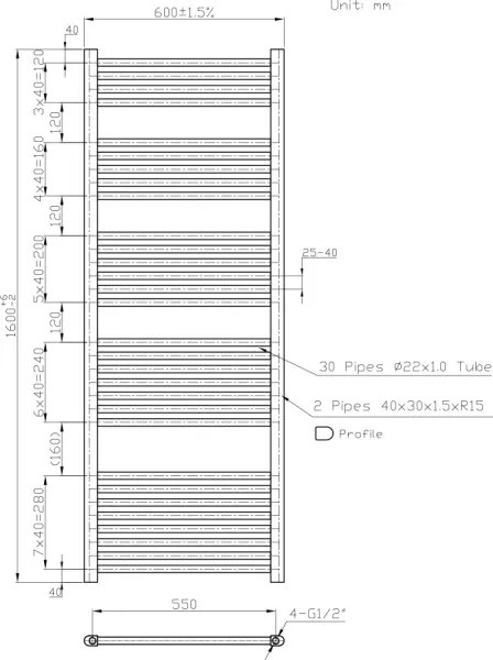 Novaservis - Radiator de baie tip scară, drept, 836 W / 230 V, 160 x 60 cm, alb