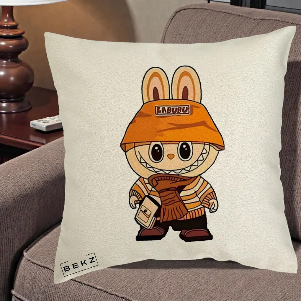 Perna Personalizata Labubu Streetwear Portocaliu, 40x40 cm, Ecru, Husa Detasabila, Perna Inclusa, BEKZ®