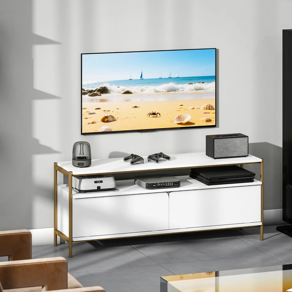 HOMCOM Suport TV meuble télé pentru televizor de până la 55 de inch cu 2 uși rabatabile și raft deschis, 124x35x50 cm, alb | Aosom Romania