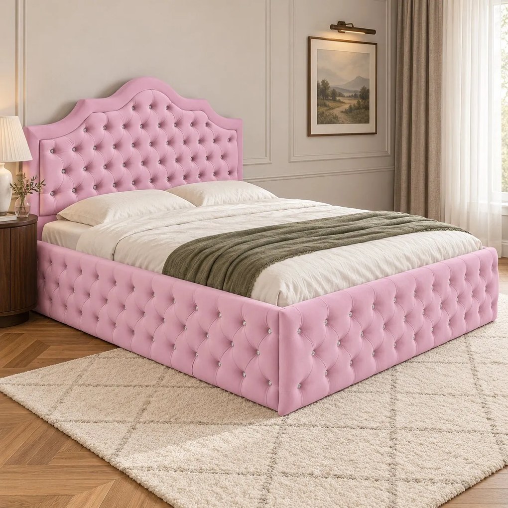 Pat tapițat Chesterfield din catifea Imperio Deluxe 180×200 cm, roz, cu ladă de depozitare