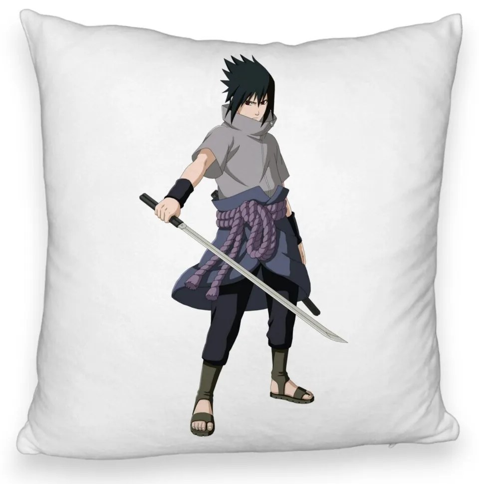 Perna Decorativa Fluffy cu Nsruto Sasuke, 40x40 cm, Alba, Husa Detasabila, Burduf