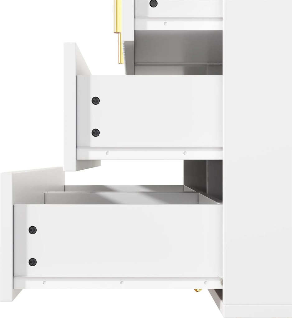 Bufet cu 6 sertare, mânere și picioare aurii, textură ondulată, 120x40x77 cm, Alb+Aurii