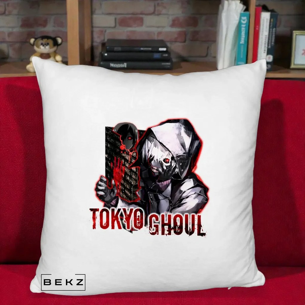 Perna Personalizata Tokyo Ghoul Ken Kaneki Anime, 40x40 cm, Alb Pufos, Husa Detasabila, Perna Inclusa, BEKZ®