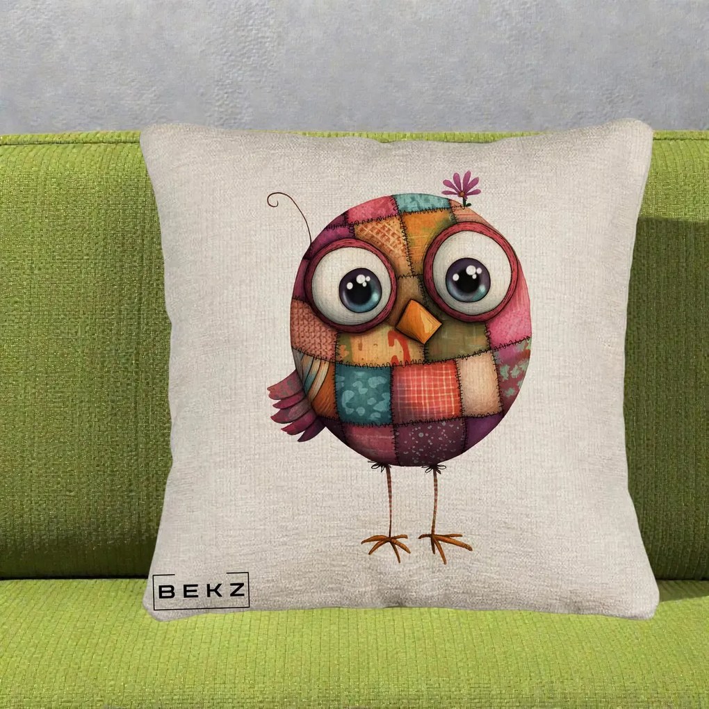 Perna Decorativa Pasare Patchwork Roz cu Floare, 40x40 cm, Bej Canapea, Husa Detasabila, Perna Inclusa, BEKZ®