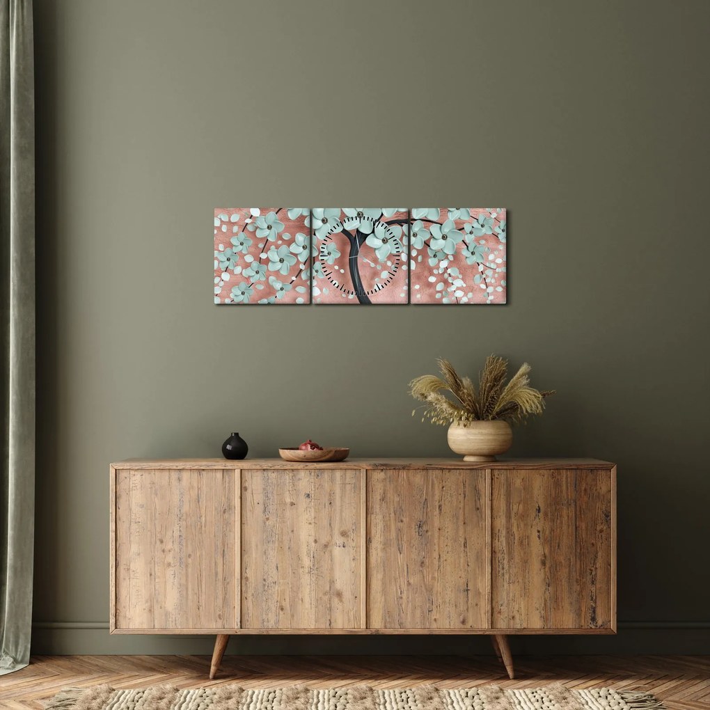 Tablou - Flori albastre în pastel (cu ceas) (90x30 cm)