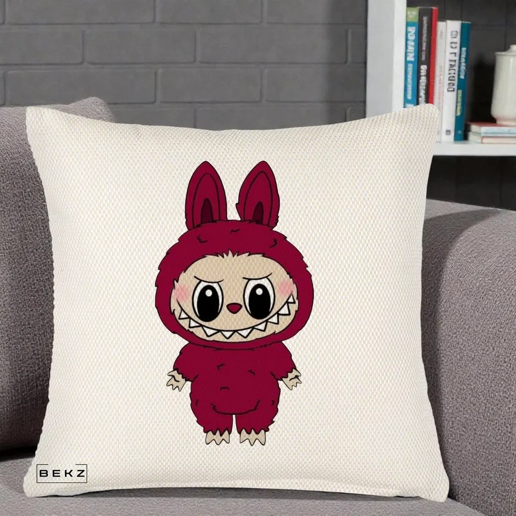 Perna Personalizata Labubu Rosu-Visiniu Solo, 40x40 cm, Crem Reliefat, Husa Detasabila, Perna Inclusa, BEKZ®