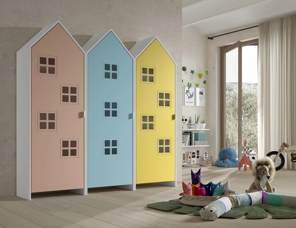 Set 3 dulapuri pentru copii Casami Bruges tip colibă de plajă – 1 cu ușă Roz Confortabil, 1 cu ușă Albastru și 1 cu ușă Galben Strălucitor – Vipack