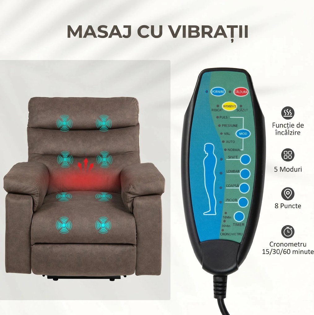 HOMCOM Fotoliu Reclinabil cu Masaj, Încălzire și Ridicare Asistată, Maro Închis | Aosom Romania