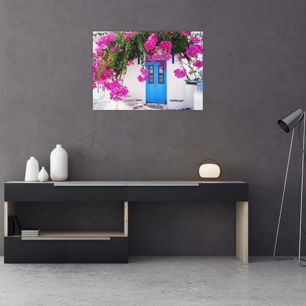 Tablou pe sticlă - Casă tradițională grecească (70x50 cm)