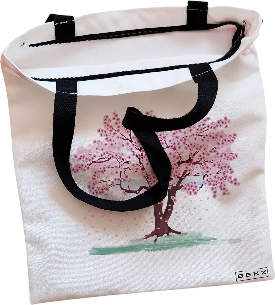 Sacosa de Panza pentru Cumparaturi, Geanta Tote, model Watercolor Tree, Cu fermoar, 38x34.5 cm, Alba, BEKZ®