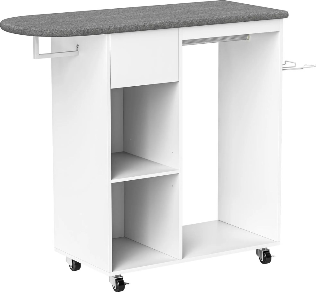 HOMCOM Masă de Călcat cu Suport pentru Fier de Călcat, Suport pentru Haine, Sertar și Raft, 125x43,5x112 cm, Alb | Aosom Romania