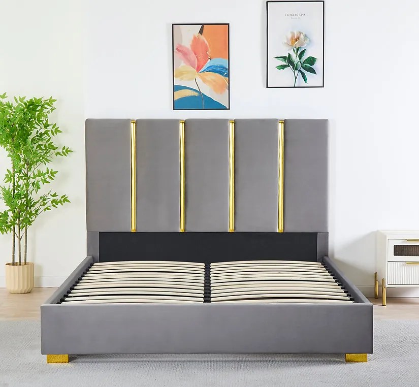 Pat Tapitat Catifea Gri 160x200 cm cu Somiera si Saltea  Inclusa ,   Cod LB-214