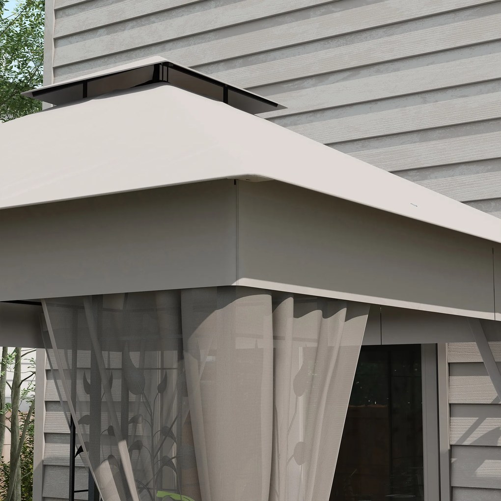Outsunny Pavilion cu acoperiș dublu, 3x3 m, hidrofug, stabil, rezistent la iarnă, pavilion de grădină cu plasă de țânțari, Gri deschis | Aosom Romania