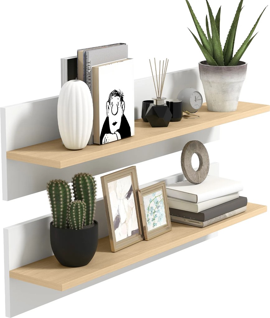 HOMCOM Set 2 Rafturi de Perete pentru Casă și Birou, Rafturi din Lemn pentru Bucătărie și Living, 80x16.5x20 cm, Alb și Lemn Natural | Aosom Romania