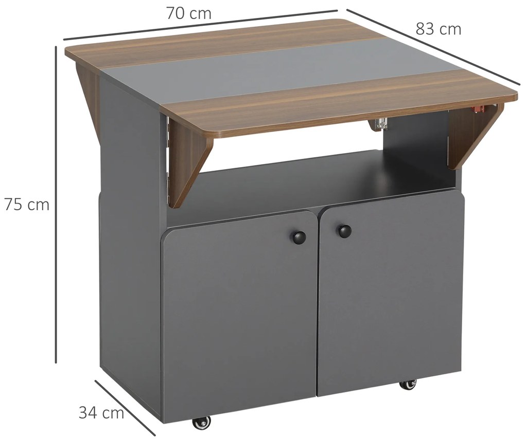 HOMCOM Masă Pliabilă cu Dulap, două părți pliabile la masă, dulap cu rafturi, 4 roți, Gri deschis+Maro închis, 70 x 83 x 75cm | Aosom Romania