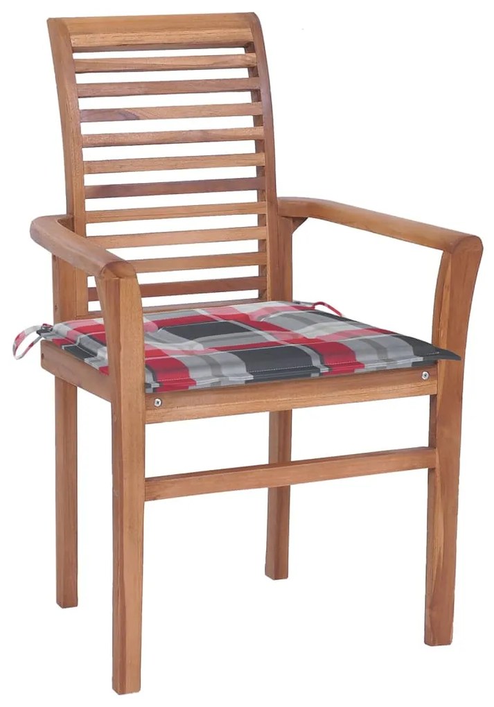 3072959 vidaXL Scaune de bucătărie, perne roșu carouri, 6 buc., lemn masiv tec