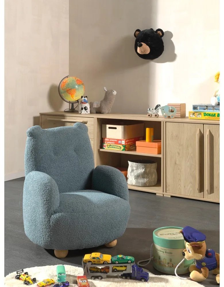 Fotoliu de copii albastru cu tapițerie din țesătură bouclé Rocky – Vipack