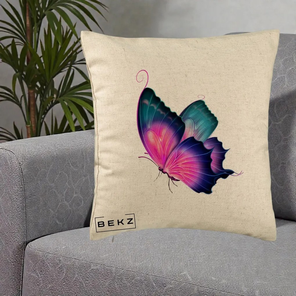 Perna Decorativa Fluture Neon, 40x40 cm, Bej, Husa Detasabila, Perna Inclusa, BEKZ®