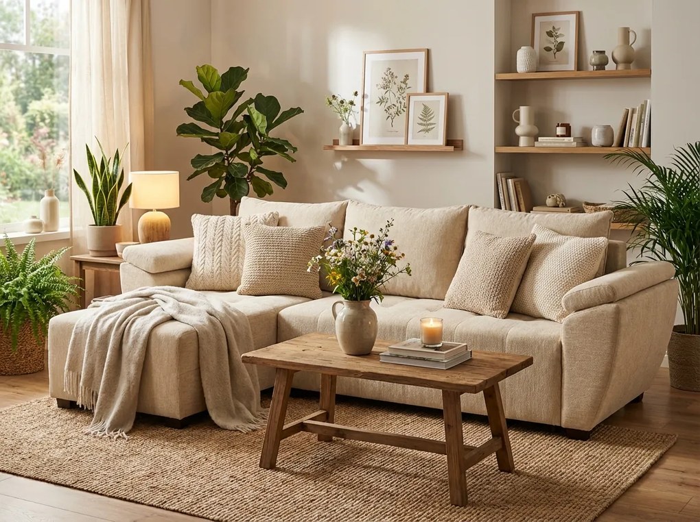 Coltar extensibil de colt LIVARO, crem, reversibil, 305x140 cm