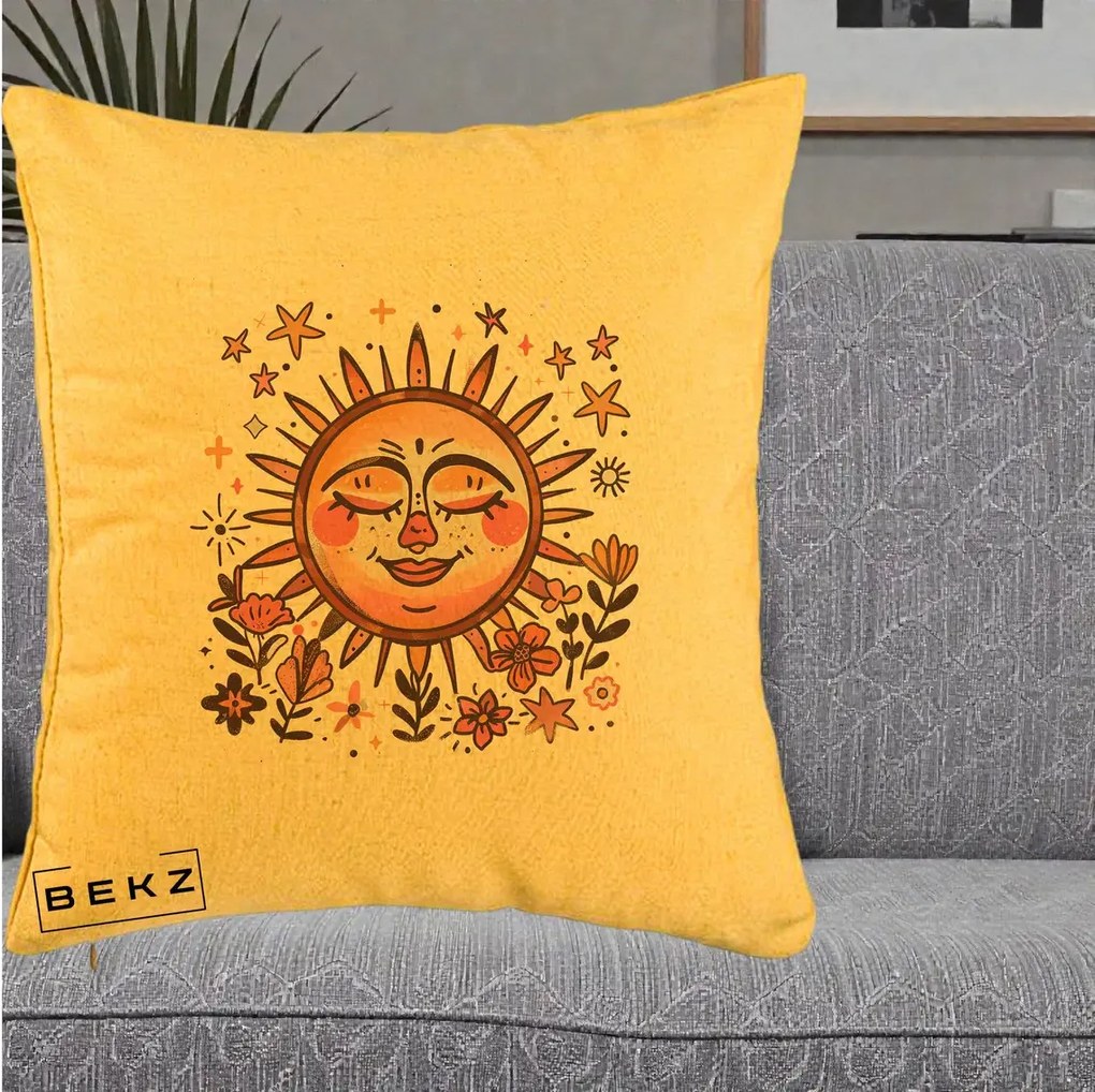 Perna Decorativa Soare Retro Boho Floral, 40x40 cm, Galben, Husa Detasabila, Perna Inclusa, BEKZ®