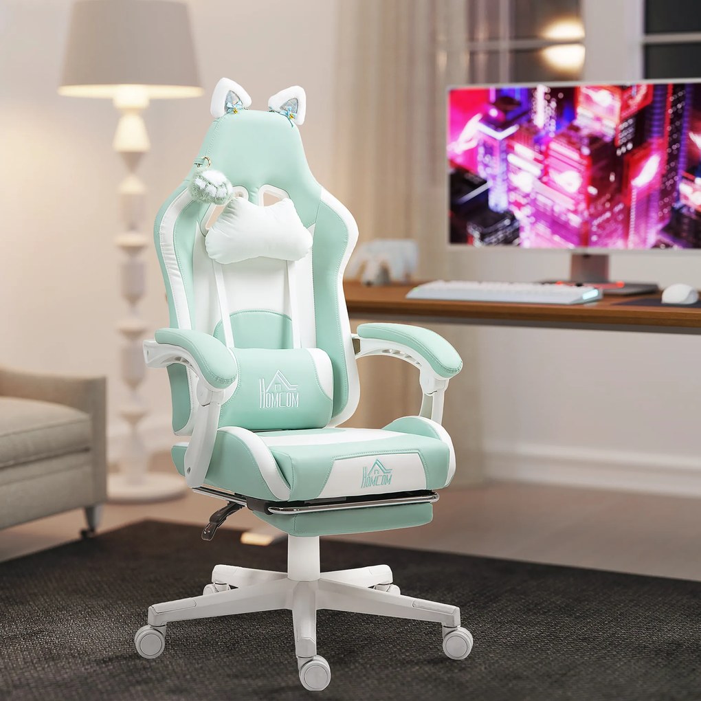 Scaun de Gaming Reclinabil HOMCOM cu Suport pentru Picioare și Perne, din Piele Artificială și Spumă, 65x62x116-124 cm, Albastru și Alb | Aosom Romania