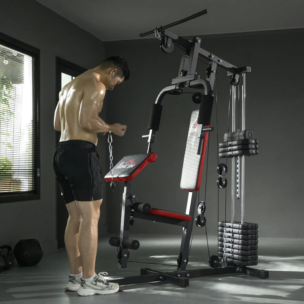 HOMCOM Power Tower Stație Fitness Greutăți 65kg, 135x103x210cm, Negru Roșu | Aosom Romania