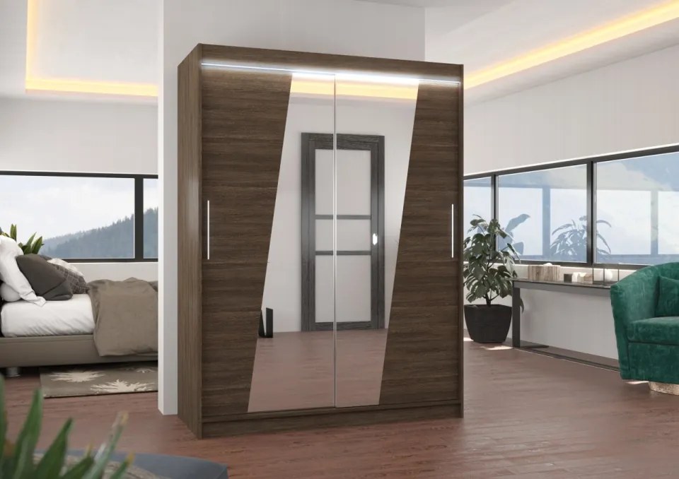 Dulap cu usi glisante si oglinda + iluminare LED, Bolton 150 + LED, 150 cmx200 cmx58 cm, ADRK Furniture (Culoare: Alb)