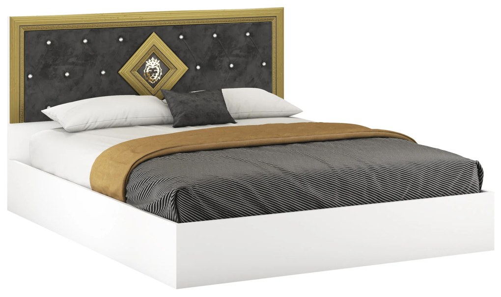 Dormitor Deluxe, culoare alb / gri, cu pat tapitat 160 x 200, dulap 200 cm, comoda si 2 noptiere