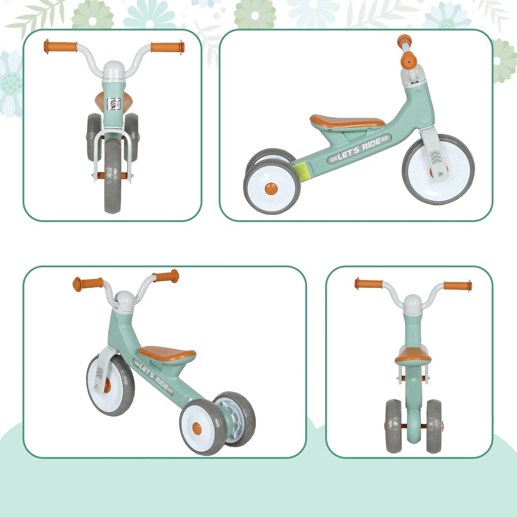 AIYAPLAY Bicicletă fără pedale pentru copii 1-3 ani până la 20 kg, 3 roți silențioase, 69 x 40 x 49 cm, verde | Aosom Romania