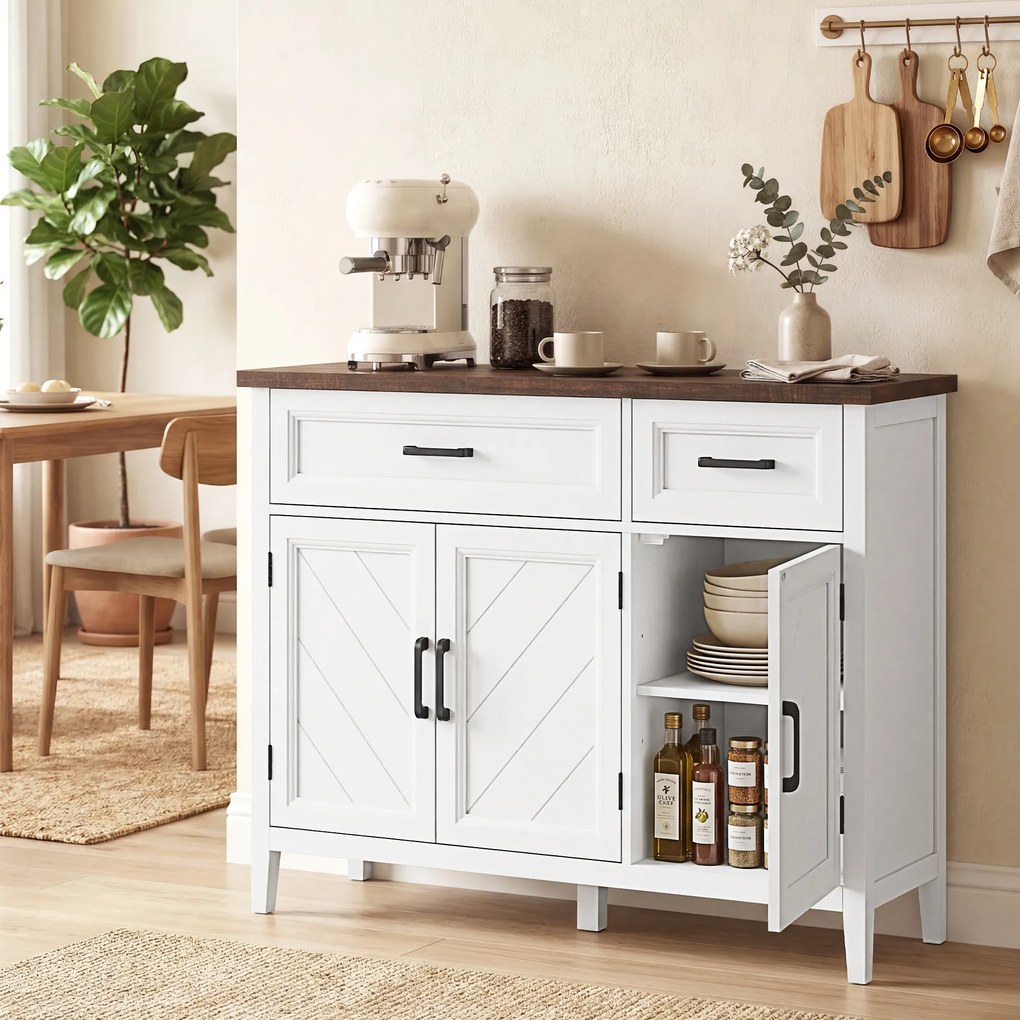 HOMCOM Bufet pentru living, mobilier de depozitare cu 3 uși cu model chevron, 2 sertare și 2 rafturi reglabile, 110 x 35 x 80,5 cm, alb | Aosom Romania