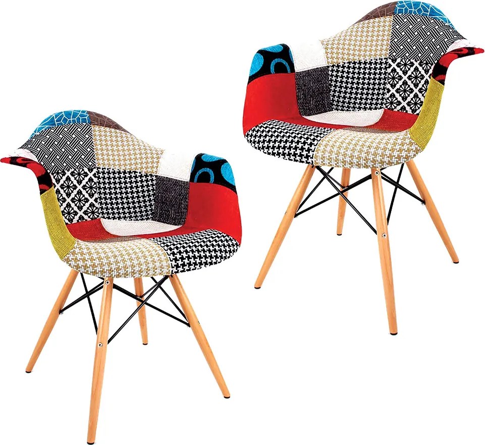 Set 2 scaune cu brate design Shell, model patchwork, sezut tapitat textil, picioare lemn