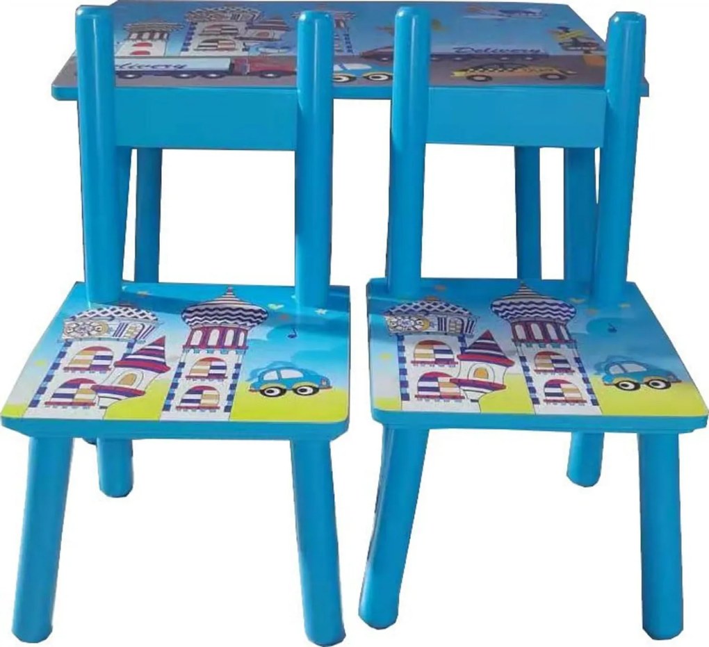 Masuta copii din MDF cu doua scaune Novokids™ My first table, Dimensiuni 59X39X40, Suprafata lucioasa, Model masinute, Albastru