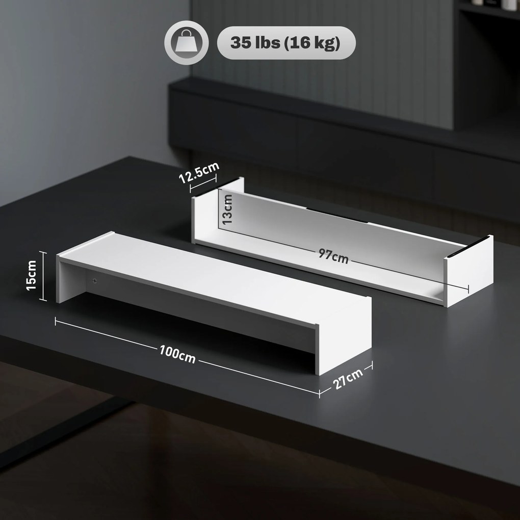 HOMCOM Suport monitor până la 16kg, cu 2 Compartimente de Depozitare, 100x27x15 cm, Alb | Aosom Romania